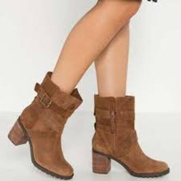 Clarks Shoes - Clarks - Artisan Malvet Doris Brown Suede Mid-Calf Heeled Boots - Women's 7.5